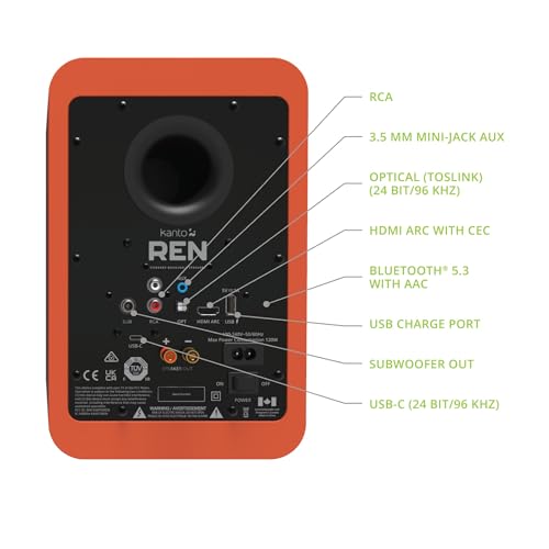 Image of Kanto REN 200W Powered Speaker System with HDMI ARC Input for TV & Home Theater | USB-C and Bluetooth 5.3 | High /Low Pass Filter | Pair | Matte Orange