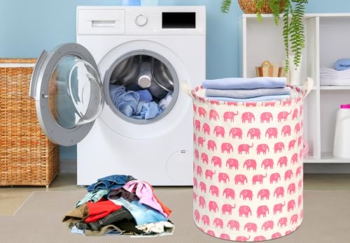 Image of Kids Laundry Hamper Clothes Gift Basket Storage Laundry Baskets Organizer Bin with Handles for Nursery Room (Pink Elephant)