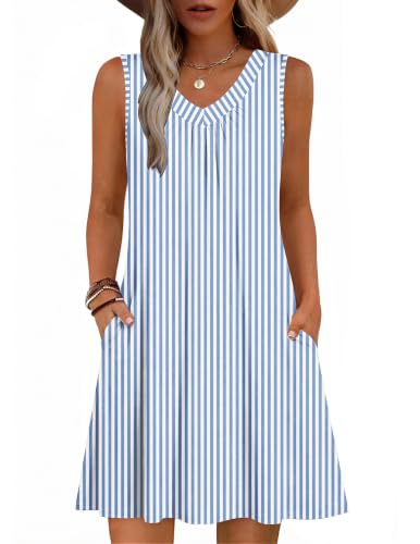 Image of Zeagoo Summer Dresses for Women 2026 Sleeveless Dress V Neck Tank Dress Pleated Floral Tshirt Sundresses with Pockets
