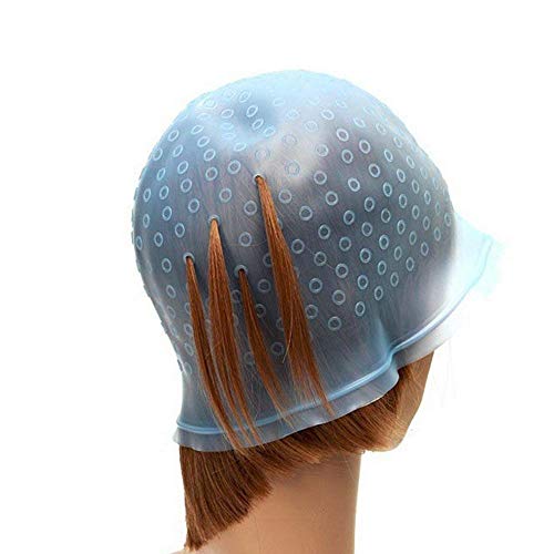 Highlighting Silicone Cap with Hook, Hair Dye Hat Reusable Hair Coloring Frosting Tipping Cap with Metal Needle for Beauty Salon Home (Blue)