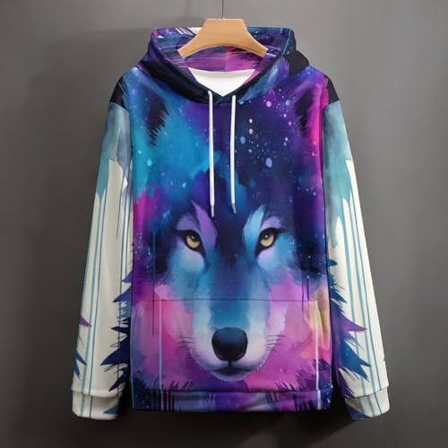 Sweat à capuche imprimé loup 3D avec dégradé galaxie coloré