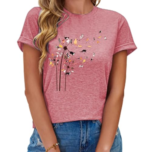 Image of Cat Shirts for Women Flower Tee Shirts Dandelion T Shirt Vintage Floral Tee Tops Women Graphic Tees