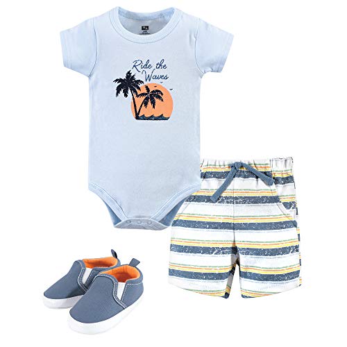 Hudson Baby Unisex Baby Cotton Bodysuit, Shorts and Shoe Set, Ride Waves, 3-6 Months