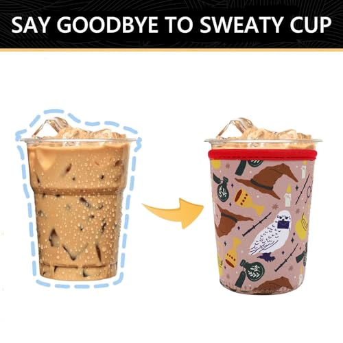 Image of YR Reusable Neoprene Insulator Sleeve for Iced Coffee Cups, 3 Pack Coffee Coolies sleeves for Iced & Hot Drinks, Cold Beverage Cooler Compatible with Starbucks Coffee and More (Horcrux)