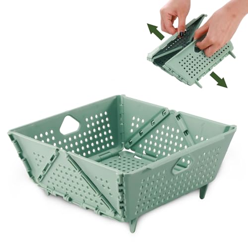 Plastic Collapsible Strainers and Colanders, Foldable Food Strainer for Kitchen, Space-Saving Folding Drain Basket Bowl for Pasta Fruit Vegetables Drainage Storage Dishwasher (Green)