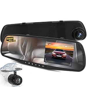 Pyle Dash Cam Rearview Mirror – 4.3” DVR Monitor Rear View Dual Camera Video Recording System in Full HD 1080p w/Built in G-Sensor Motion Detect Parking Control Loop Record Support – PLCMDVR49