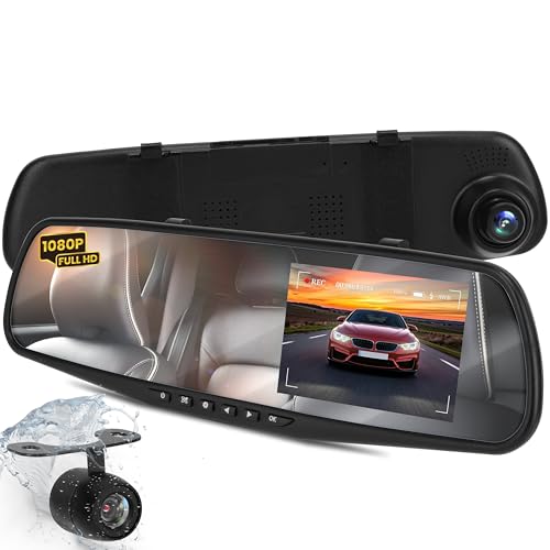 Pyle Dash Cam Rearview Mirror - 4.3” DVR Monitor Rear View Dual Camera Video Recording System in...