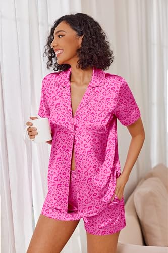Image of Ekouaer Womens Satin Silk 2 Piece Pajamas Set Short Sleeve Sleepwear | Button Down Top and Shorts Loungewear Set for Sleep, Home, Wedding, Travel, Party, Daily Wear & Great for Sharing