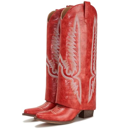 Image of Fold Over Boots for Women Pointy Pull-on Wedge Heel Knee Shark Boot With Side Zipper Padlock Design