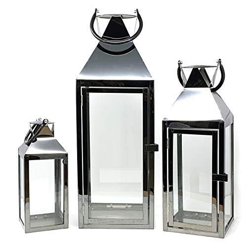 Image of Allgala 3-PC Lantern Set 24 Inch Jumbo Deluxe Modern Indoor /Outdoor Candle Lantern Set Black Stainless Steel Frame Tempered Glass Pyramid Top for Garden Poolside Fireplace Wedding