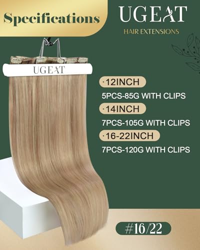 Image of Ugeat Clip in Hair Extensions Real Human Hair Highlight 14 Inch 7pcs 105g
