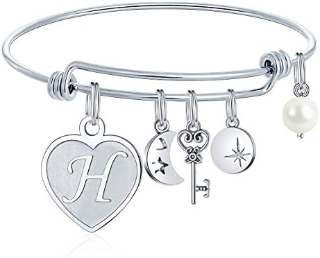M MOOHAM Charm Bracelets for Teen Girls - Engraved H Womens Initial Expandable Wire Bangle Bracelet with Heart Charm Birthday Christmas Valentines Day Gifts with Gift Box for Her Women Teen Girls