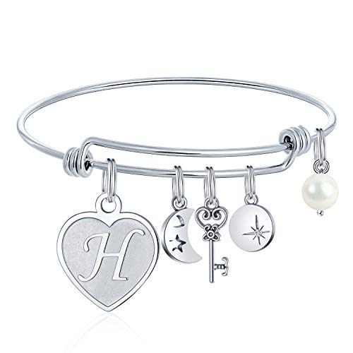 M Mooham Charm Bracelets For Teen Girls - Engraved H Womens Initial Expandable Wire Bangle Bracelet With Heart Charm Birthday Christmas Valentines Day Gifts With Gift Box For Her Women Teen Girls #TOP16