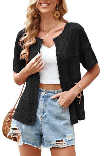 ECOWISH Summer Crochet Cardigans for Women: 2026 Lightweight Short Sleeve Crewneck Button Down Cropped Casual Sweater Tops 440 Black XL