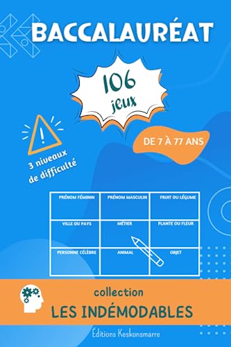 Jeu du Baccalauréat Collection Les Indémodables: Jeu de Papier et Crayon à deux Joueurs pour Enfants et Adultes | Cahier Idéal pour les Voyages en ... 106 Grilles Vierges 3 Niveaux de Difficulté