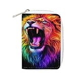 SEBNATAL Fashion Credit Card Holder Wallet for Daily Use, Compact Cool Lion Colorful Fire Art Leather Case Purse with Metal Zipper