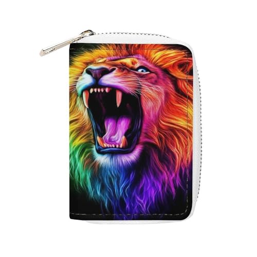 SEBNATAL Fashion Credit Card Holder Wallet for Daily Use, Compact Cool Lion Colorful Fire Art Leather Case Purse with Metal Zipper