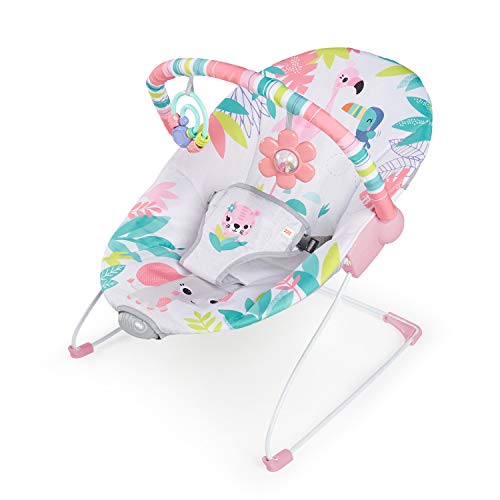 Bright Starts Baby Bouncer Soothing Vibrations Infant Seat – Removable-Toy Bar, Nonslip Feet, 0-6 Months Up to 20 lbs (Flamingo Vibes, Pink)