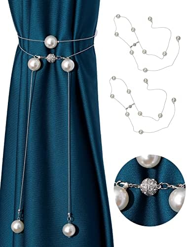 SunVFaFa 2 Pack Pearl Magnetic Curtain Tiebacks for Drapes, Elegant Tie Backs for Curtains Home Decorative, Adjustable Modern Bling Bead Drapery Holdbacks for Blackout Sheer Window Treatment (Silver)