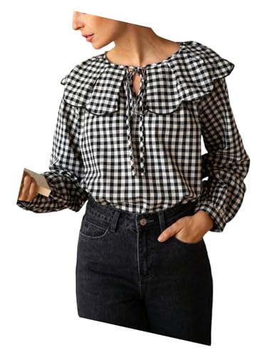 GORGLITTER Women's Gingham Doll Collar Blouse Tie Front Long Sleeve Dressy Business Casual Plaid Shirts Renaissance Top Black and White Medium