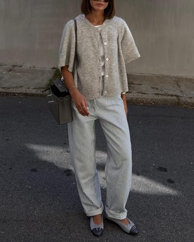 KMBANGI Women Knitted Cropped Blouse Short Sleeve Button Knit Shirt Crop Cardigan Y2k Open Front Knitwear Tops Dressy3