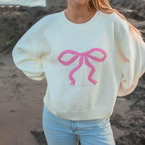 Image of Women Y2K Fall Sweater Cute Bow Print Long Sleeve Cable Knit Pullover Casual Oversized Jumpers for Women