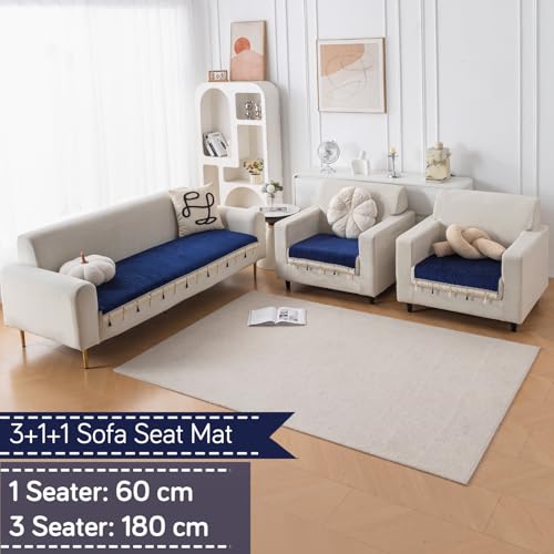 Image of HOKIPO 'Serenity Tassel' Chenille Sofa Cover 5 Seater Set with Tassels - Washable 3+1+1 Sofa Cover Mat | Sapphire Navy (IN-890 * 2 + IN-892 - NBL)