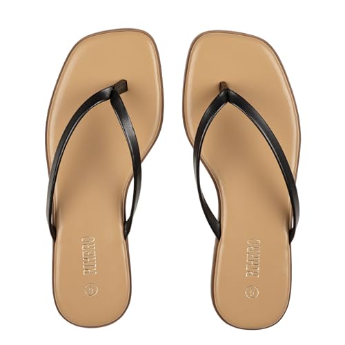 Image of Rihero Flip Flops for Women Comfortable Square Toe Beach Sandals Slip On Leather Thong Flat Sandals Dressy