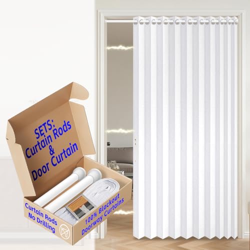 Image of AJAZZ Blackout Accordion Doors Curtain with Curtain Rods Adjustable 28-52 inch Long, Magnetic Door Curtains for Bedroom Living Room Doorway Curtain Set, 1 Pack, W52 x L80 in, White