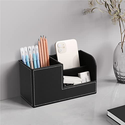 Office Desk Organizer, Gorese Pen Holder For Desk Cute, Leather Desktop Organizers With Remote Control Holder, Desk Supplies Organizer For Office Accessories Organization Small Caddy Storage Box Black #TOP5