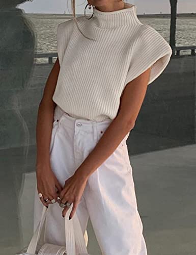 Ameliever Women's High Neck Knit Sweater Vest Sleeveless Ribbed Pullover Tank Tops(White-Xs) #TOP4
