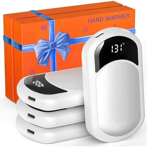 Hand Warmers Rechargeable, 4 Pack Electric Hand Warmer with Gift Box, LED Battery and Temperature Display, Quick Heating Portable Pocket Heater, for Men Women, Camping, Hunting White Cover
