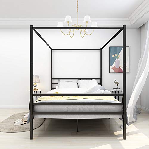 Majnesvon Canopy Bed Frame Queen Size With Headboard, Heavy Duty Canopy Metal Bed Frame No Box Spring Needed,Easy Assembly (Black) #TOP3