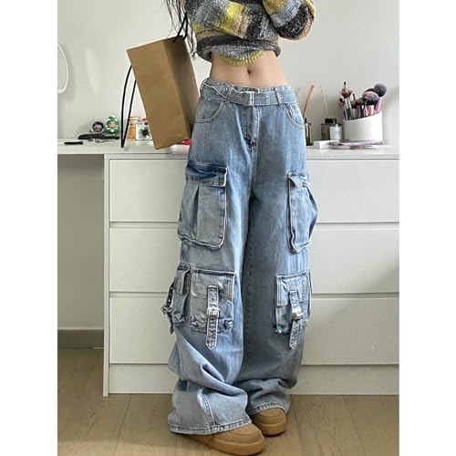 Women's Workwear Jeans with Multiple Pockets, high Waist, Loose Y2K Drop Feeling Pants, Gothic Wide Leg Pants2
