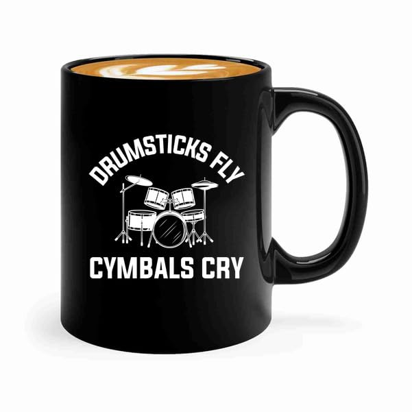 Taza de café para músicos, 11 onzas, negra, con diseño de baquetas y platillos miniatura 1