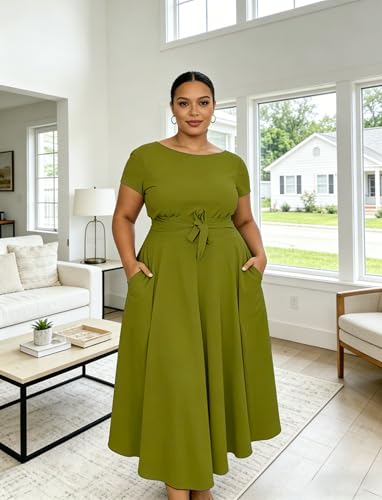 Image of Hostoyo Women Plus Size Formal A Line Maxi Dress Self Tie Waist with Pockets Elegant Round Neck Swing Long Dresses