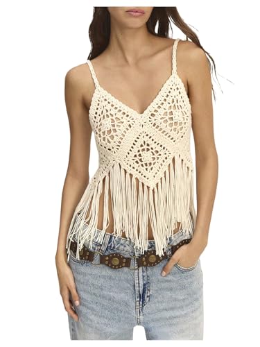 SweatyRocks Women's Fringe Crochet Tops Summer Boho Hollow Out Knitted Sleeveless V Neck Cami Top