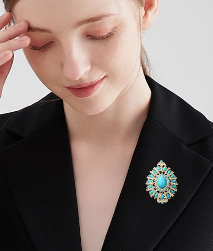 Image of Baroque Turquoise Bead Brooch Pin for Women Men Gold Tone Fashion Blue Birthstone Geometric Filigree Brooches Lapel Pins Dainty Dress Accessories Birthday Anniversary Jewelry Gift