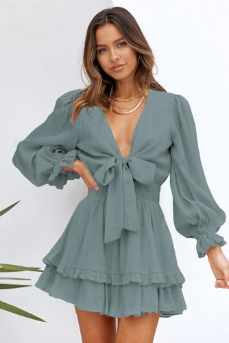 Image of AlvaQ Womens Spring Summer Knot Front V Neck Ruffles Long Sleeve Floral Print Swing Mini Dress, Medium