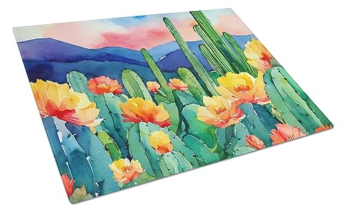 Tabla de Cortar Decorativa de Vidrio Templado Caroline's Treasures DAC1626LCB con Diseño de Flor de Saguaro de Arizona en Acuarela, Ideal para Cortar y Servir