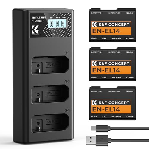 K&F CONCEPT 3 Pack EN EL14 Batería y Cargador LCD Mejorado, Compatible con Nikon D5300, D5600, D5100, D5200, D5500, D3100, D3200, D3300, D3400, D3500, Coolpix P7000, P7100, P7200, P7700 y P7800