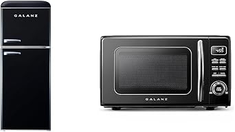 Galanz GLR46TBKER Retro Compact Refrigerator with Freezer Mini Fridge & GLCMKZ07BKR07 Retro Countertop Microwave Oven with Auto Cook & Reheat