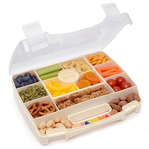 PrimaStella Snacktainer Travel Snack Box - 15 Compartment Snackle Box with Handle and Removable Tray with Leakproof Dip Cup - for Snacks, Road Trips, Airplane Travel (Cream)