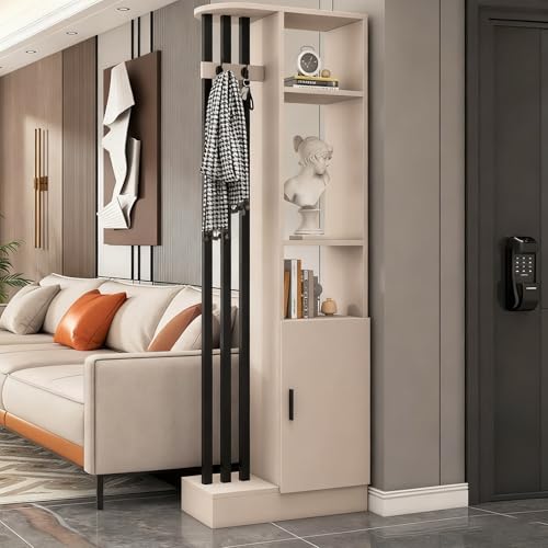 床から天井までのルームディバイダー・プライバシースクリーン、フック付き木製収納パーティション、金属フレーム、本棚やコートラックとして、玄関装飾用(Khaki+Black,60cm/23.6in)