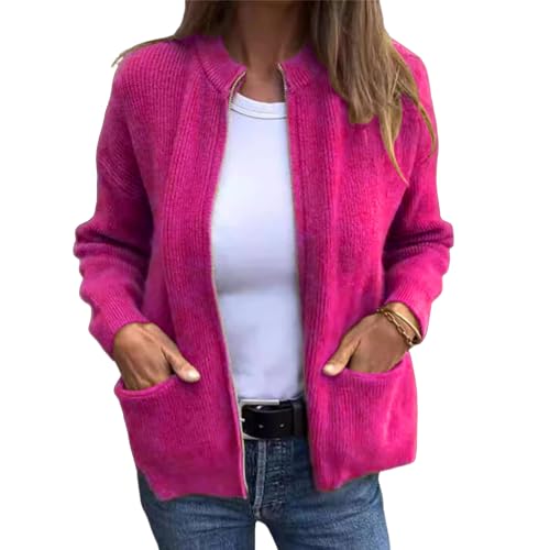 Women's Round Neck Zipper Knitted Jacket Zip Up Sweaters Cropped Open Front Long Sleeve Ribbed Knit Chunky Cardigans Hot Pink