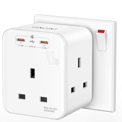 LENCENT Multi Plug Extension USB Outlet Plug Extender for Household Appliances iPhone Smartphone Tablets Ideal for Home Office Bedroom 13A 3250W (45W)
