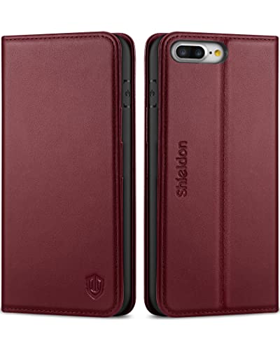 Shieldon Iphone 8 Plus Case, Genuine Leather Iphone 7 Plus Wallet Case Credit Card Slots Magnetic Folio Cover Kickstand Tpu Protective Case Compatible With Iphone 7 Plus 8 Plus (5.5 Inch) - Wine Red #TOP10