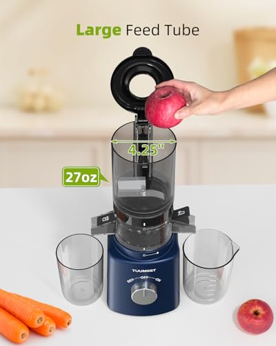 Cold Press Juicer with 8 Juice Bottles - Masticating Juicer Machines for Fruits and Veggies, 4.25" Large Feed Chute, Easy to Clean, Navy Blue