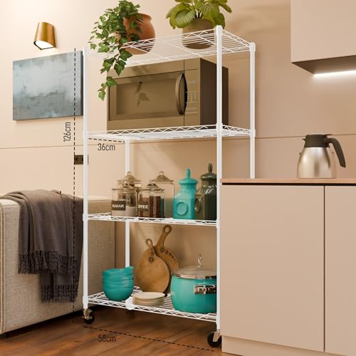 Image of 4-Shelves Wheels Heavy Duty Steel Storage Rack | Multipurpose Shelving Unit for Kitchen, Home & Utility | White, 4 Shelves Wheels