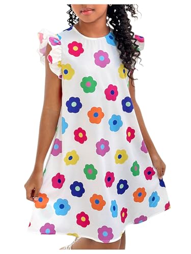 Floerns Girl's Summer Floral Crew Neck Ruffle Cap Sleeve A Line Short Dress Vacation Dresses